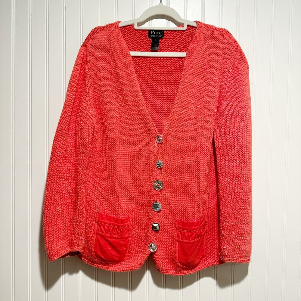 Pure Handknit Coral Cardigan Sweater Artsy Buttons Lagenlook Size XL